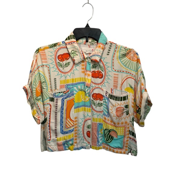 April Kiss Linen Blend Cropped Button Down Shirt Small S Fruit Print Tropical - Picture 1 of 8